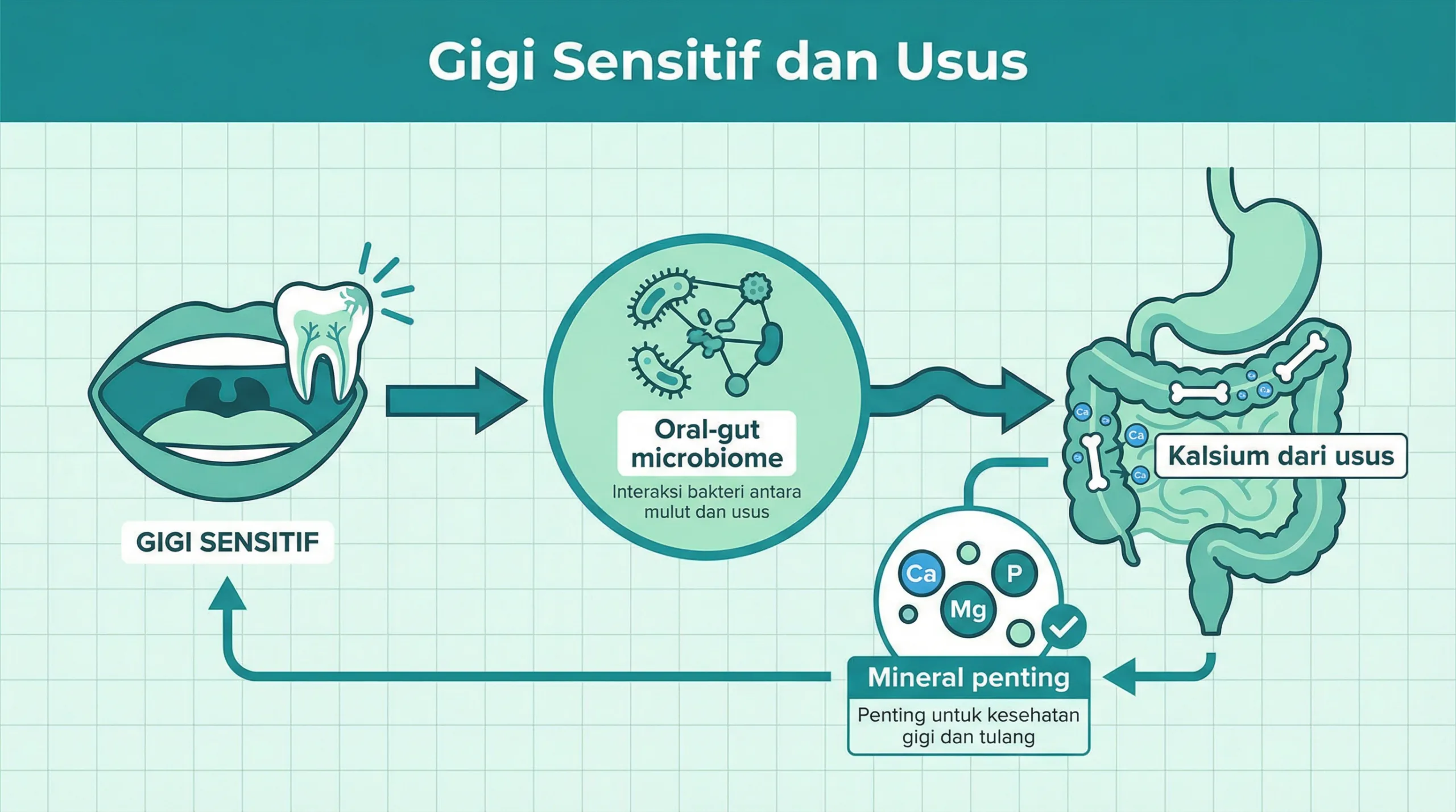 Infografik gigi sensitif dan hubungan bakteri usus
