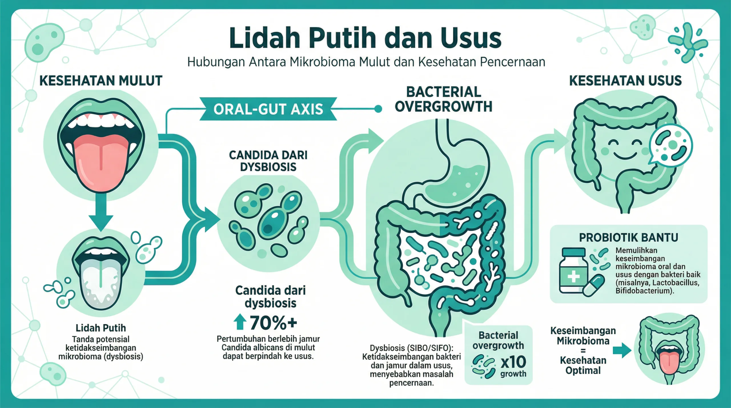 Infografik lidah putih dan hubungan bakteri usus