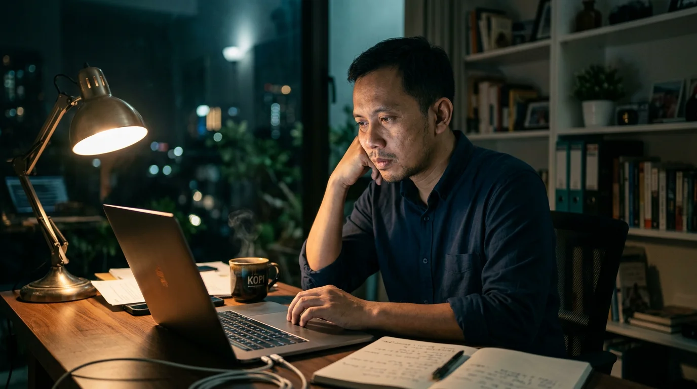 Pria pekerja usia 30-an di meja kerja, tampak lelah dan kurang fokus