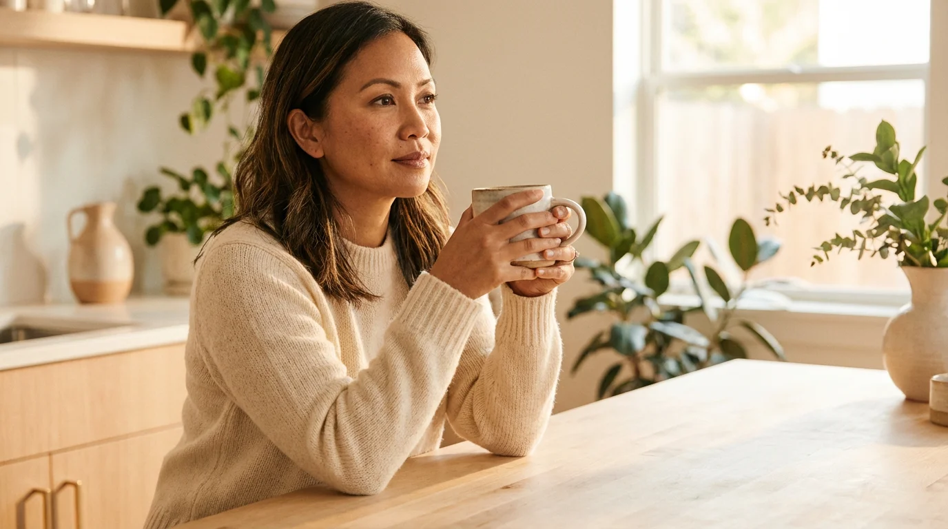 Perempuan di rumah dengan minuman hangat, ekspresi lelah namun hangat